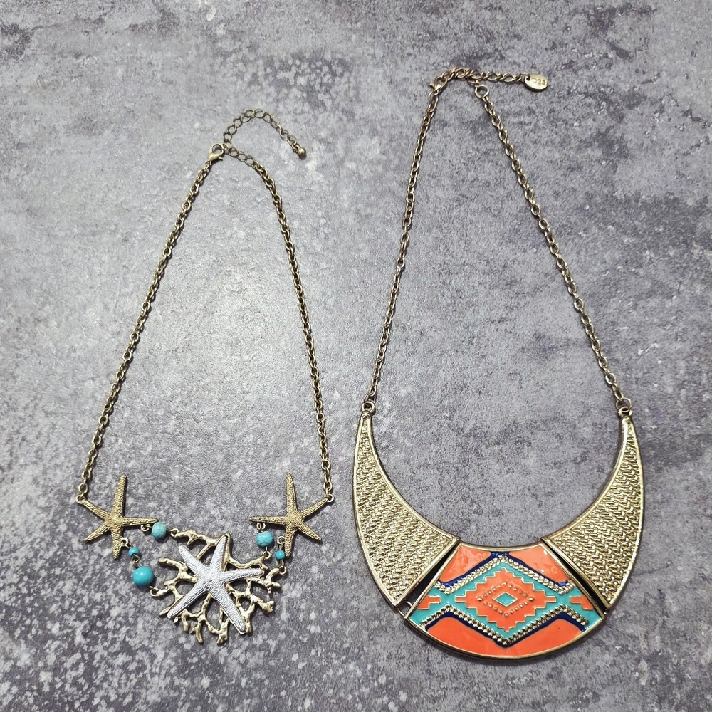 Gold Silver and Turquoise Starfish Necklace & Large Enamel Statement Necklace